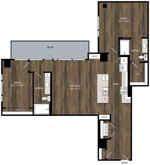Floor plan for 2 beds, 2 baths, 1314 sqft